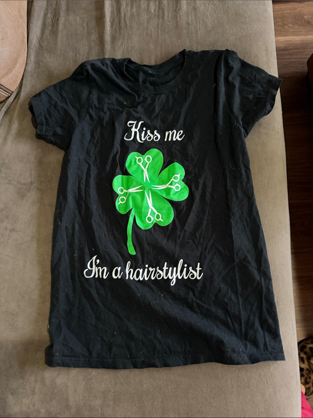 Source Unknown Black Tee with Green Shamrock Hairstylist Graphic